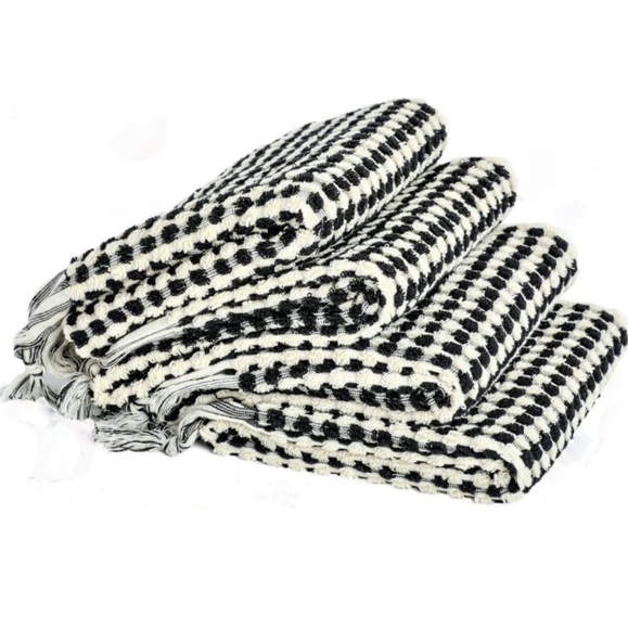 Turkish Cotton Spa Hair Peshtemal XL Hand Towel Black and Natural White Pom Pom - Picture 5 of 8